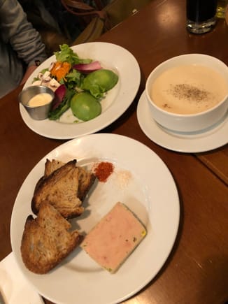 Foie gras, avocado salad, cauliflower soup 