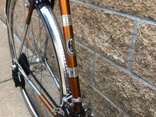 The decals on the seat tube are replacements as it was a naked tube when I received the bike.  I was able to determine where they go because the paint had faded right around the old decals leaving a darker silhouette.  At first I was unsure about what the center decal was supposed to be until I realized that the silhouette matched the headbadge perfectly.  I’ve since found photos of other 68s to confirm that it’s correct.