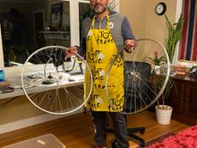 First wheel build! Used the first edition of “The Bicycle Wheel” by Jobst Brandt for guidance. The spoke length calculator at the Sheldon Brown website was helpful and I rechecked my work using some of the other calculators available online. 