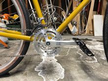 Silver crankset, MLS Always pedals, Dia Comp chain mover