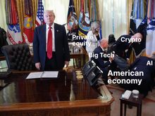 Originated by Matt Ortega who notes:
I call this one: "Donald Trump stands idly by while the American economy passes out in a corner."