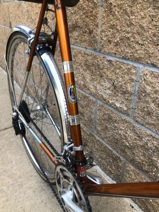 The decals on the seat tube are replacements as it was a naked tube when I received the bike.  I was able to determine where they go because the paint had faded right around the old decals leaving a darker silhouette.  At first I was unsure about what the center decal was supposed to be until I realized that the silhouette matched the headbadge perfectly.  I’ve since found photos of other 68s to confirm that it’s correct.