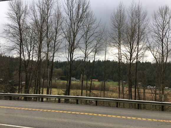 The road and a cloudy, sprinkly sky