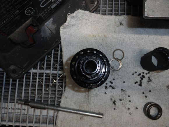This picture does not do justice to the group of parts that came out of the freehub.  Note the very few bearings in the freehub assembly.