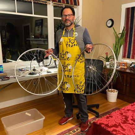 First wheel build! Used the first edition of “The Bicycle Wheel” by Jobst Brandt for guidance. The spoke length calculator at the Sheldon Brown website was helpful and I rechecked my work using some of the other calculators available online. 