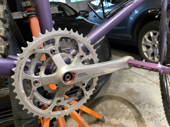 Deore Crank & purple RockBros (?) pedal.  FD not attached yet... obviously...