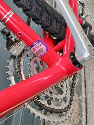 Timken bearings in the press-fit BB.  The bike was missing a crank bolt cap.  eBay (and purple Loctite) to the rescue!