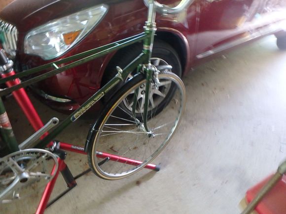 Front wheel in place and the Mafac brake caliper installed.  Test flight of fenders seems to fit ok.