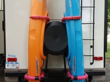 Double kayak rack with integrated spare tire mount