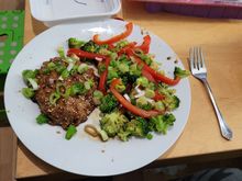 Turkey meatloaf with roasted broccoli and red peppers with green onion on top