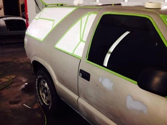 In the booth getting ready for adhesion and layers of paint
Door had small dings which were pushed out and primered