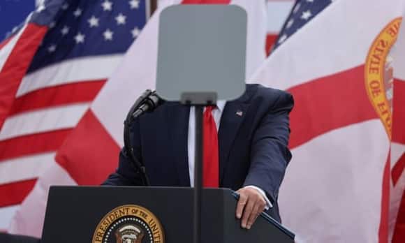 Donald Trump is obscured by a teleprompter during a speech in Jupiter, Florida this week