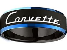 Black and Blue beveled Chevrolet Corvette tungsten ring available is sizes 6 - 13 at www.CustomRings.org