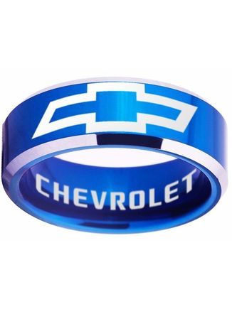 Blue and Silver beveled Chevrolet tungsten ring available is sizes 4 - 17 at www.CustomRings.org
