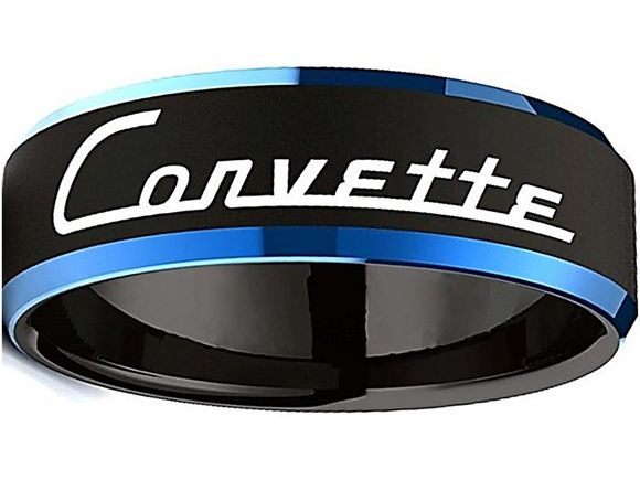 Black and Blue beveled Chevrolet Corvette tungsten ring available is sizes 6 - 13 at www.CustomRings.org