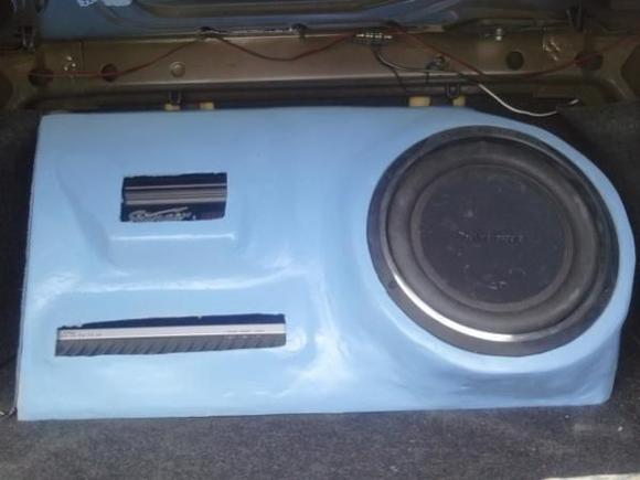 My new favorite thing to do. I have taken to fiberglassing (usually sub boxes) for my customers. This is my third box for myself; houses my sub, amp and cap