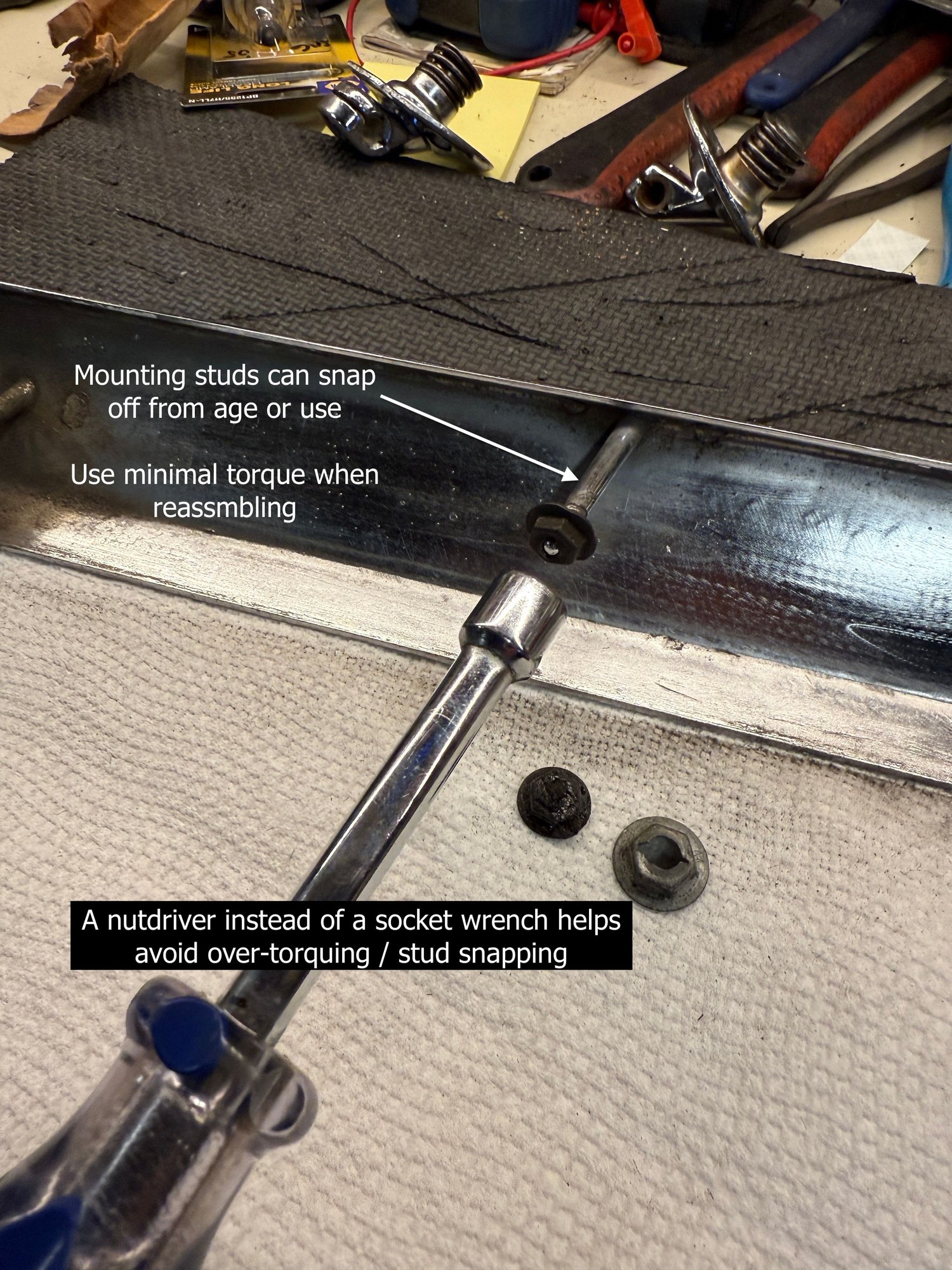 A nutdriver is better than a socket wrench if you have the room. Either way be careful.