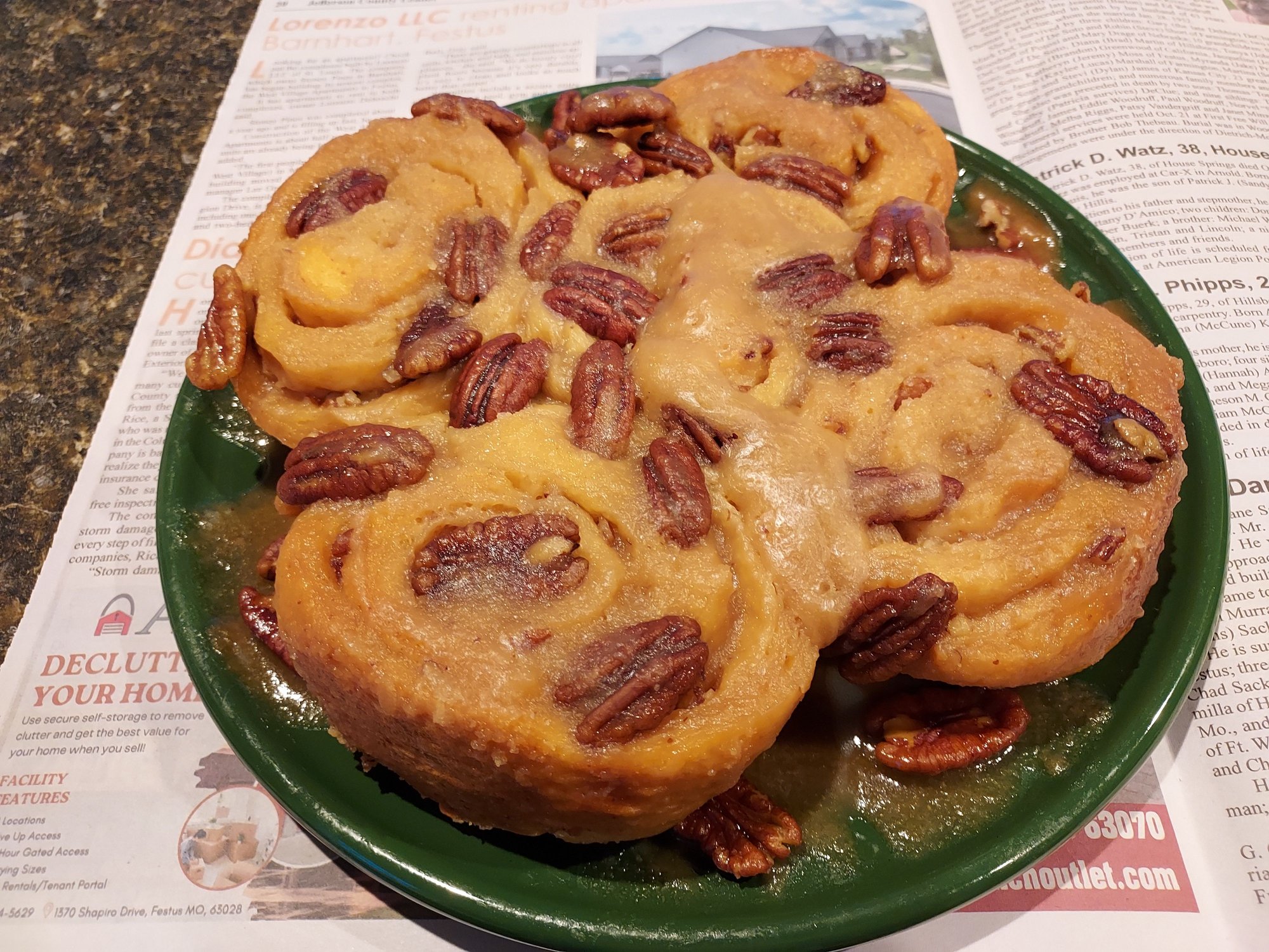 My wife is an incredible baker.  Of all the baked goods she makes, these are my favorite.  From scratch, Caramel Pecan Sticky Buns, even the Caramel is from scratch.  They absolutely melt in your mouth when warm, and they're just as good 2 or 3-days later with 20-seconds in the microwave as they are fresh out of the oven.  They are gourmet!!!