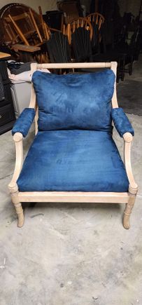 Wife refinished this piece for her Brother's wife.  It was originally a dark walnut and she wanted it a whitewashed natural tone, which is what she got.  She also wanted it re-upholstered in the blue velvet which my wife also did.