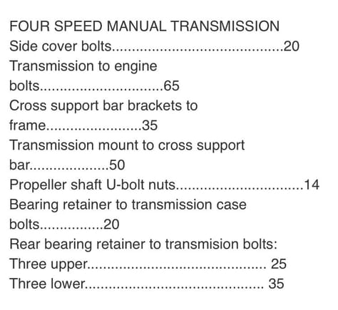 I like the “transmission to engine bolts” for the 4 speed manual transmission - I had mine all wrong - I had a bell housing between the transmission and engine ... hehe - I think I got it figured out - thank you! 