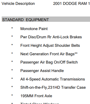 Excerpt of my build sheet with no option codes
