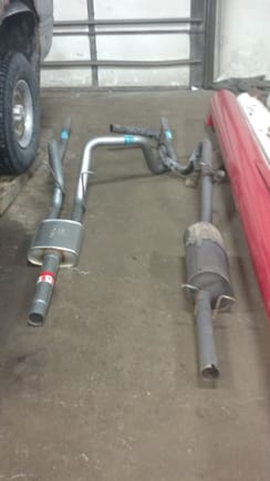 The piece in front of the old muffler with the hangers was supposed to be reused on the front of the new exhaust.  Silly me assumed a cat back system would include everything behind the cat.  So imI waiting for a new one because I cut  long slots in it with a die grinder to make removal easy. LOL.