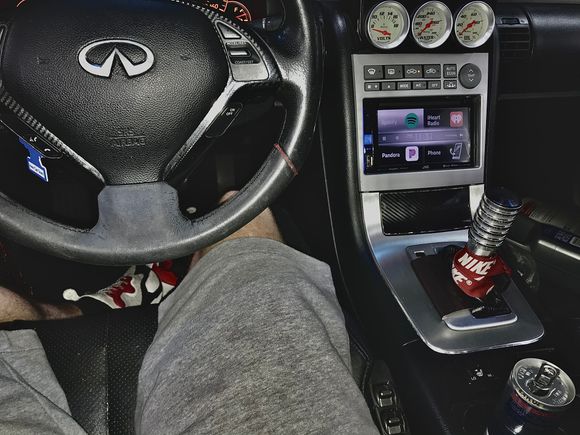 G37 coupe steering wheel, carbon bezel, working airbag for safety, no airbag light on. Fully working steering controls and cruise control! 
Custom short-(er) shifter with effortless +/- shifts. 
DSG like shifting! Rev-match transmission mimics a 6speed when it’s counted on to perform! 