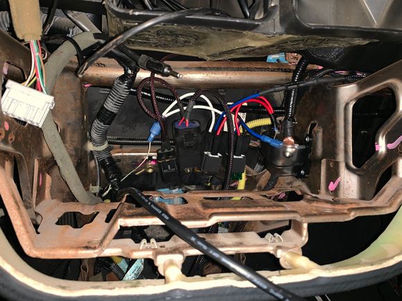 On the left is fuel pump relay and fuse holder, from burton racing. This is to upgrade the wiring to the pump. Middle is a fused relay which is running an upgraded wire I’ve integrated into the wiring harness for the coil packs. Will run a 20 AMP fuse. Right is another fused relay that will power my gauges. Will run a 10AMP fuse. In the back running along, there is the extension I made.. you know on the drivers side shock tower, how the factory engine harness plugs in there? I pulled it back ins