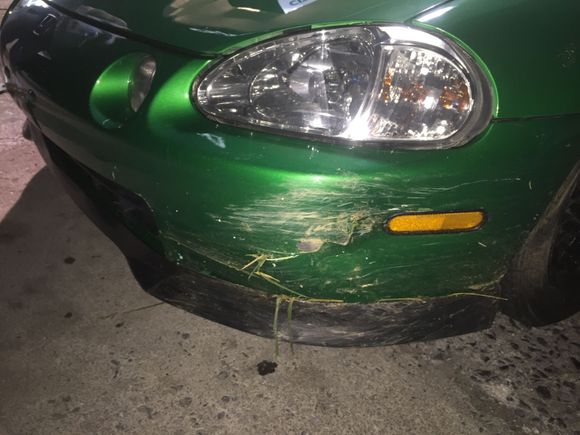 Big gash in bumper. Lots of grass and rocks.