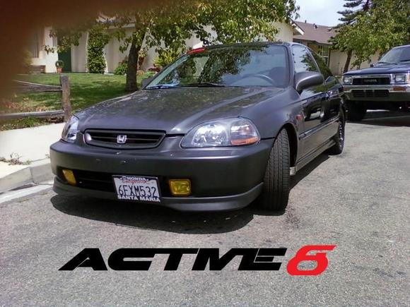 Type-R Replica lip, PWJDM Yellow fogs, aftermarket black housing, STANLEY smoked amber side markers, Autozone relocating kit, 15" donuts, Tociko blues, S2 coilovers, S2 camber kit, 2.25 piping, turbo muffler.