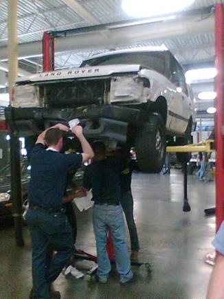 Working on a Land Rover at school