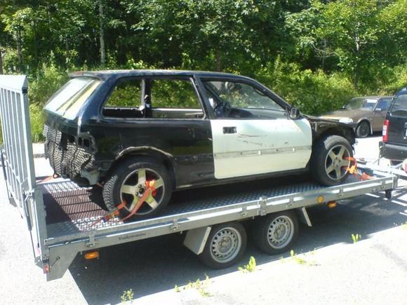 On the trailer, taking it to the paint-shop.