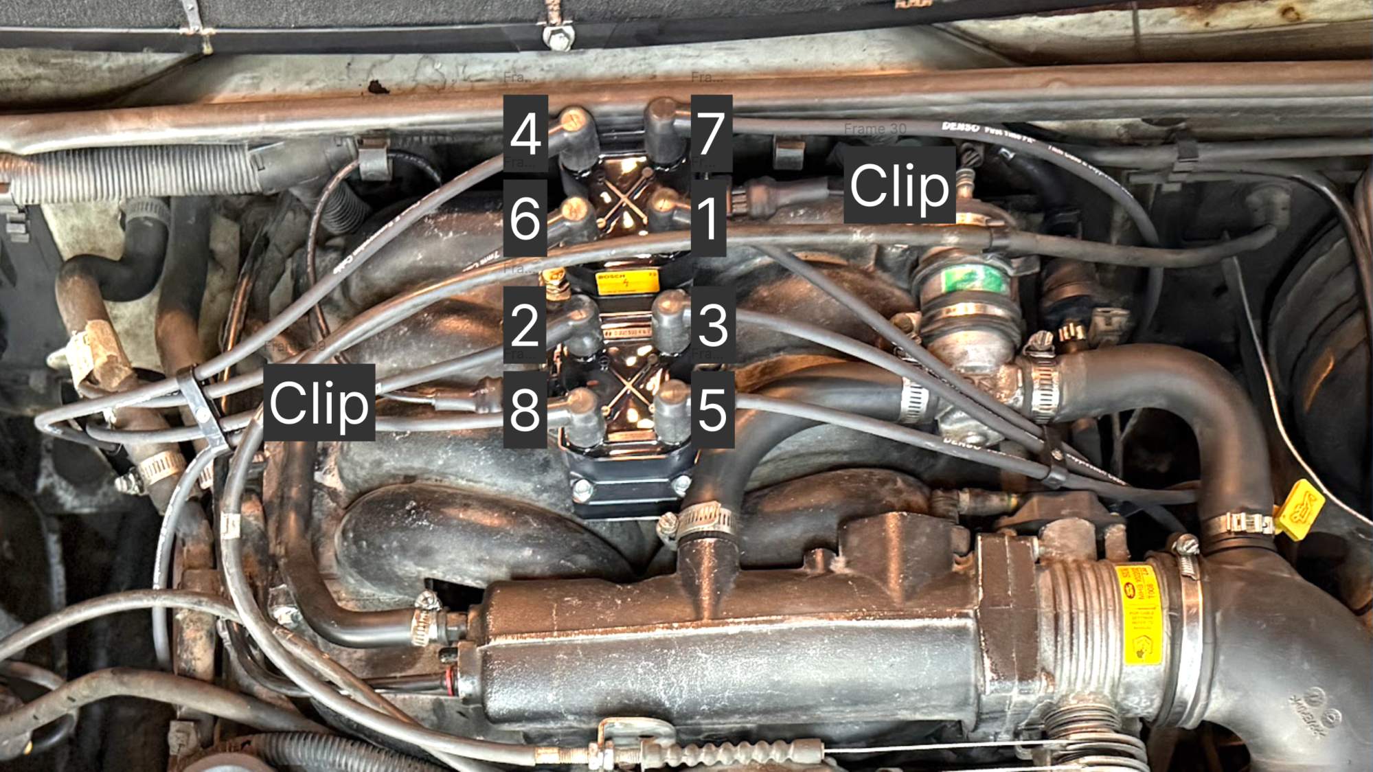 The front coil pack is from the passenger side, the back coil is from the drivers side