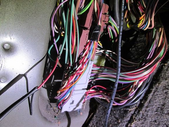 red wire tapped into 15 amp green w/brown (on left of image)