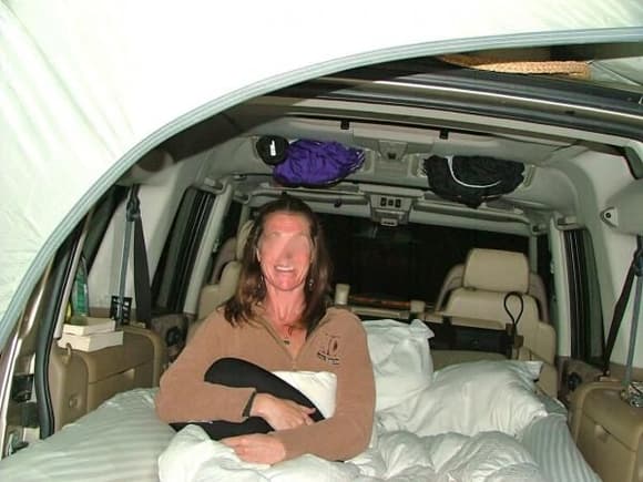 SHAKORI Camp Disco...fullsize airmatt fits perfect..Cabellas truck tent over the back with gate open