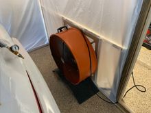 As much as I wanted this barrel fan to be outside of the booth, electric fans are much more efficient at pulling air than they are at pushing air.  I tried using it as a pusher and it pushed only about half as much air as it did pulling!