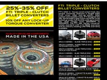 FTI SALE! 
25%-35% OFF TRIPLE DISC CLUTCH CONVERTERS.
10% OFF ANY LOCK UP CONVERTERS. 
