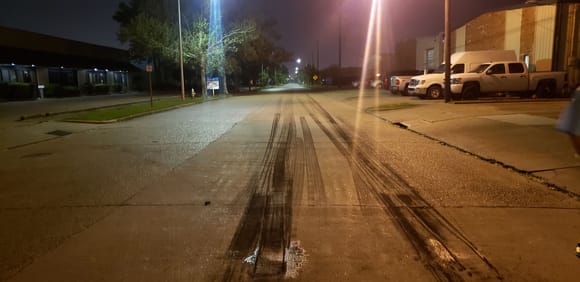 Heres the virgin road in front of my warehouse we used lol water burnout. Made like 4 passes . Upping the boost off the brake every time . Spun even leaving on 1 pound, lol but after we got the road a little stickt i was able to leave off 8# and ramp up to 12 before the 60'. And hold 12# . Car feels great . Cant wait to leave off 15# ans ramp to 25 LOL .