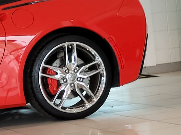 While waiting on alignment noticed a nice preowned C7. OE Wheel offers a similar replica wheel for a fairly reasonable price. The C7 standard was 18 × 8.5 in the front and 19 x 10 in the rear. That ~13 inch rear rotor looks OK. So 18 inch wheels with ~12 inch rotors are probably passable. Wonder how this style wheel would look on a 4th Gen Z28?