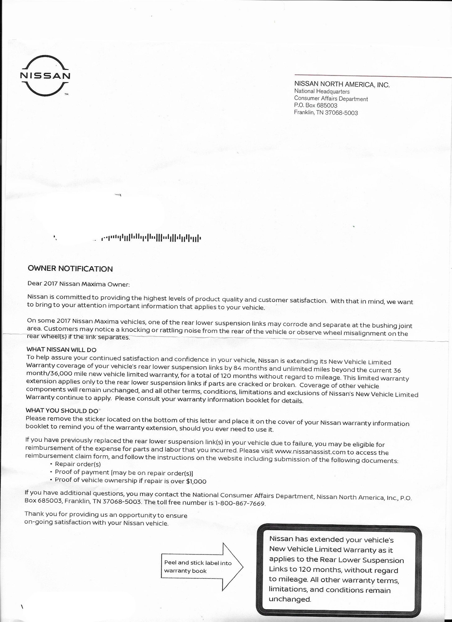Nissan Maxima Owner Notification letter Suspension Noise Maxima Forums