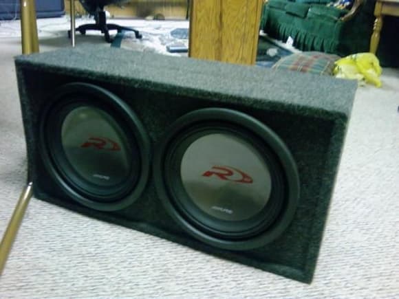 two type R subs. i know i know i could have gone with type X's or comps. i dont think it will go in the car like this. i am hoping to think of a design for it. in the mean time this will have to sit in my basement while i save up for a tranny upgrade