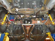 Here are some pictures of the rear sway bar mounted to the vehicle.  The rear end links use synthetic elastomer bushings instead of spherical joints; the design of the bar renders their use unnecessary.  I also set the rear bar to its softest setting, which again, is still stiffer than the factory bar.