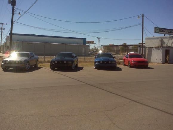 From left to right. My 06 with steeda CAI, SCT x3 tune and Borla Stingers. Dom's 09 GT. Larry's 06 GT with HP Performance turbo kit and cowl hood. James' GT with cobra conversion.