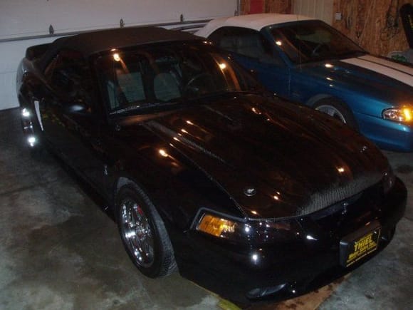 Here's the car in storage for the winter just after purchase with my brothers '94 GT convertible.
