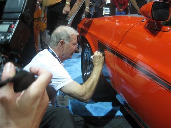 1969 Boss 302 Mustang is autographed on the Boss 302 emblem by Parnelli Jones at the 2010 SEMA show.