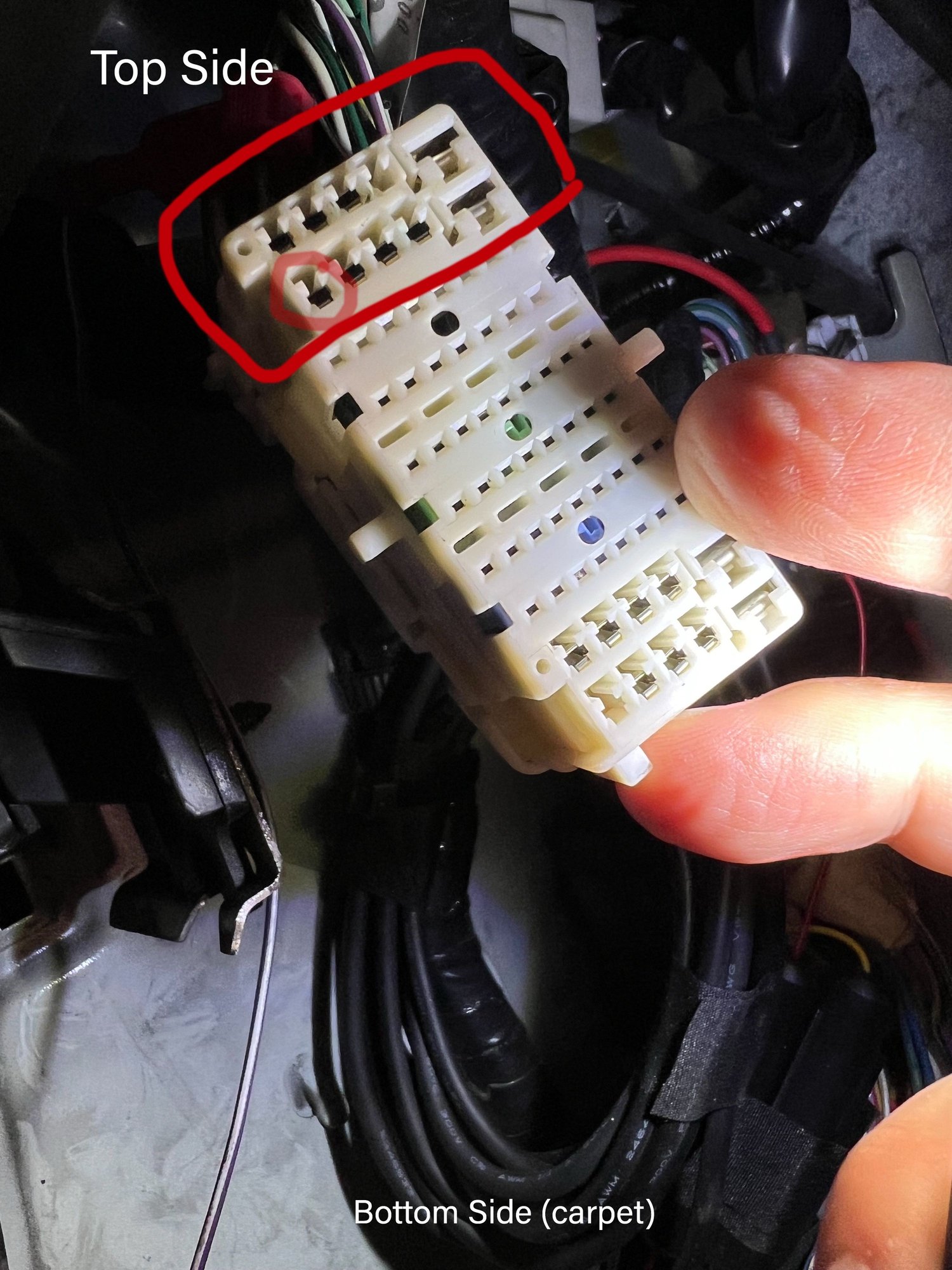 Teal w/ silver dashes for the reverse trigger is connected to this side/set on the connector.