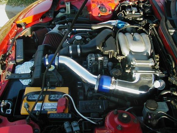 engine of rx7.  Jspec twin turbo, ecu, intercooler piping, turbo piping, hks ssbov, apexi intakes