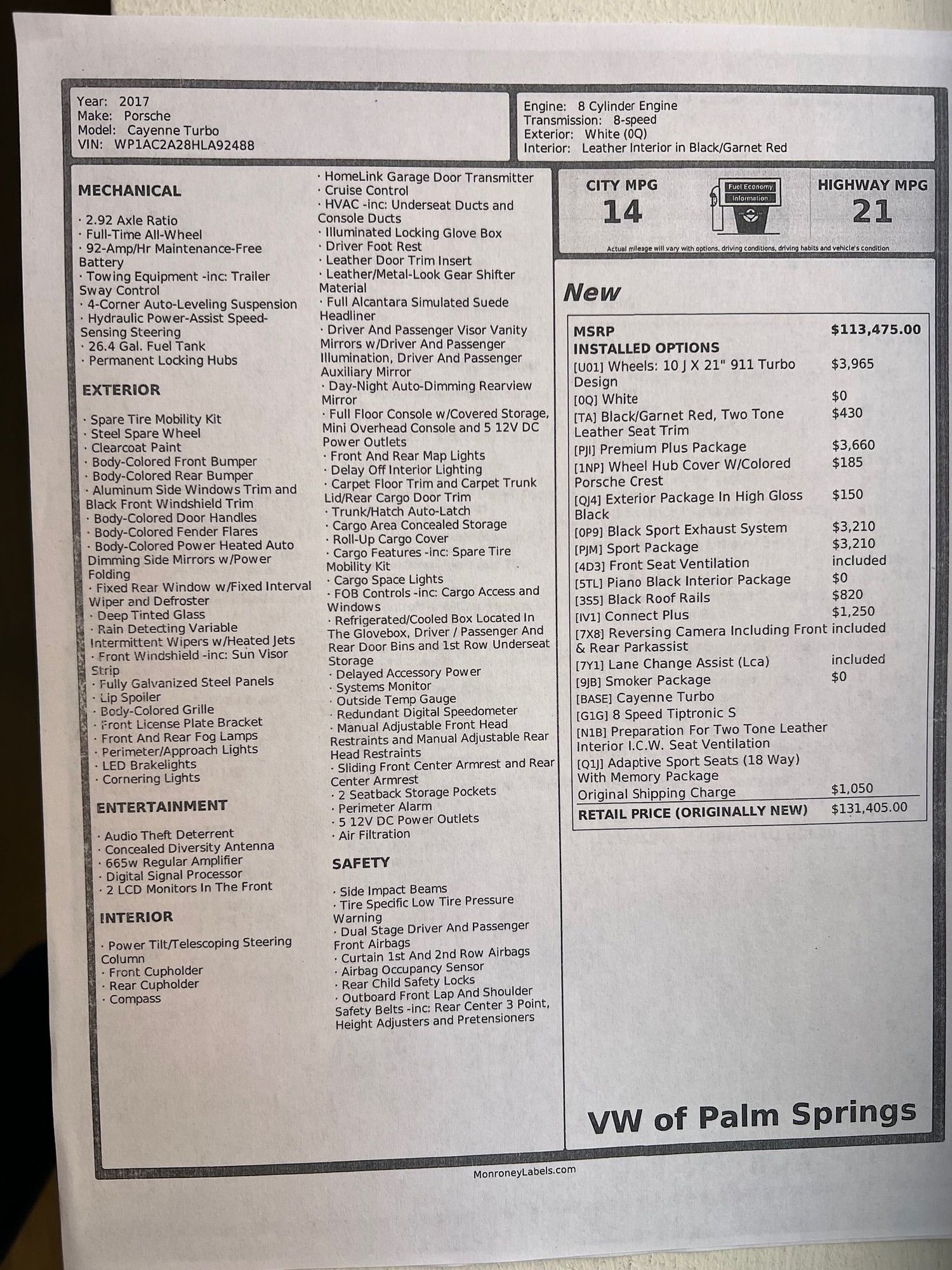 2017 Porsche Cayenne - WTS 2017 Porsche Cayenne Turbo, White/Garnett Red, 69.7k miles - Used - Chicago, IL 60610, United States