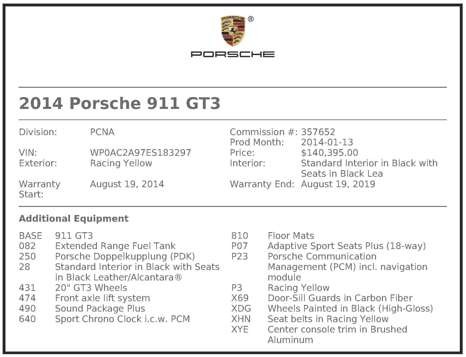 2014 Porsche GT3 - 2014 Porsche 911 GT3 in Racing Yellow 7100 Miles. - Used - VIN WP0AC2A97ES183297 - 7,100 Miles - 6 cyl - 2WD - Automatic - Coupe - Yellow - Pittsburgh, PA 15301, United States