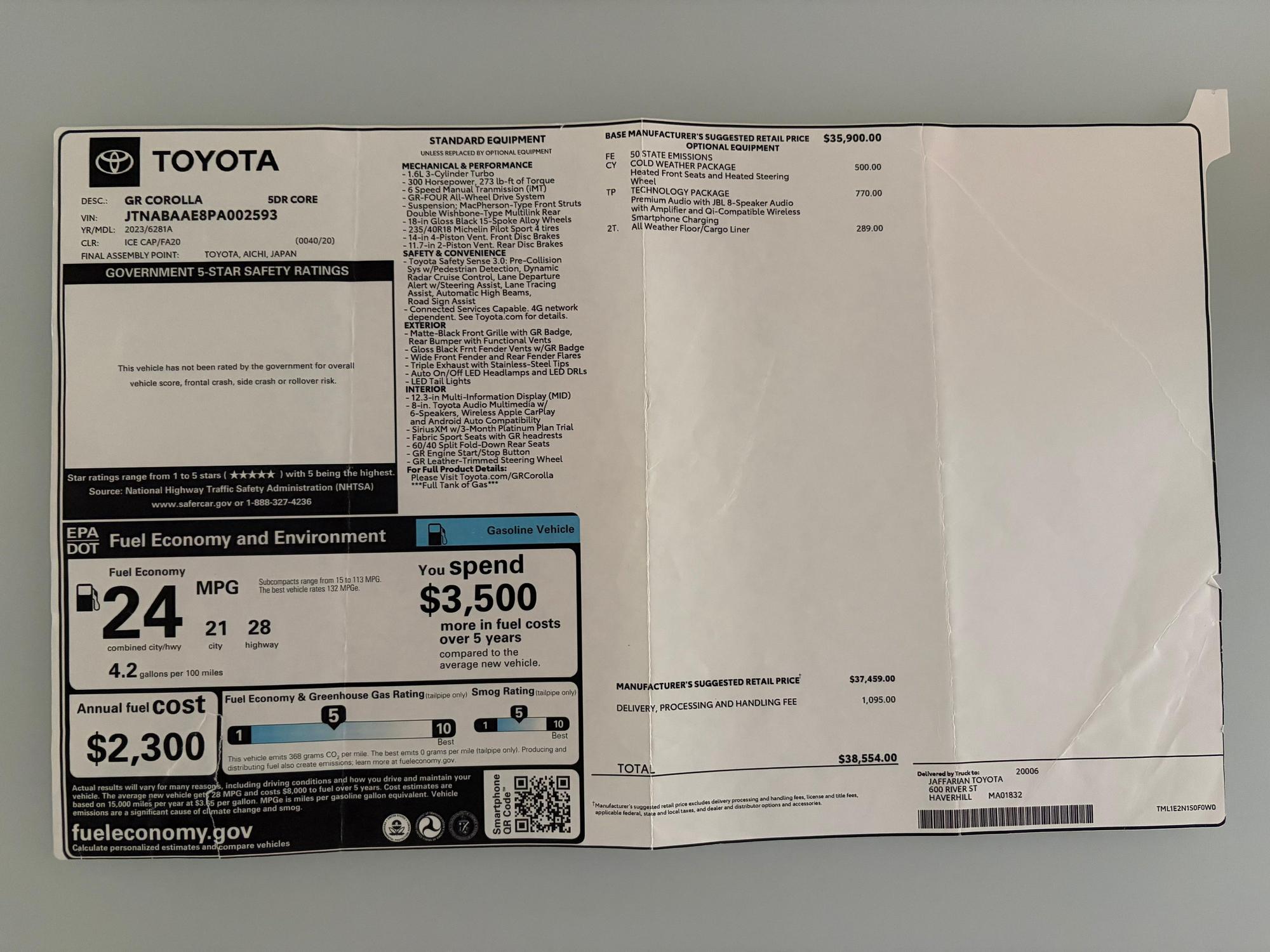 2023 Toyota Corolla - For Sale - 2023 GR Corolla - AWD, 6MT, Well Sorted - Used - VIN JTNABAE8PA002593 - 36,200 Miles - 3 cyl - AWD - Manual - Hatchback - White - Great Neck, NY 11024, United States